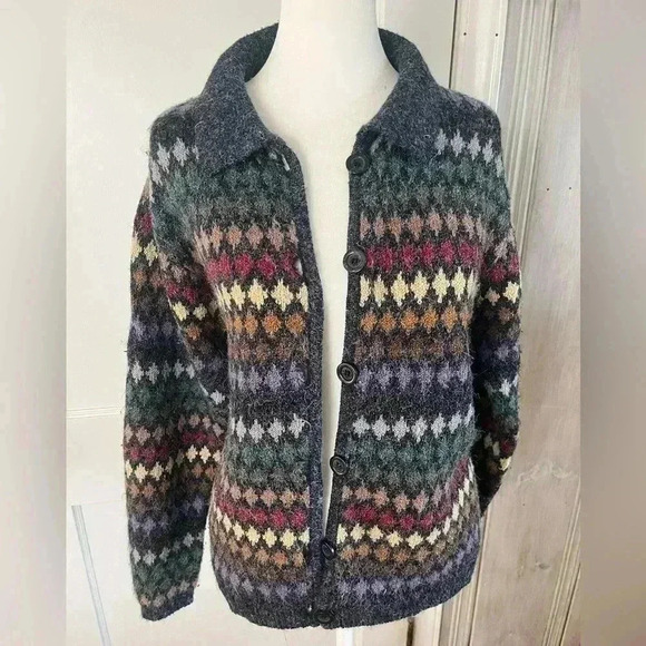 90s Vintage Eclectic Grandpa Coastal Grandma preppy Earthy Fair Isle Cardigan Lg - Picture 3 of 11